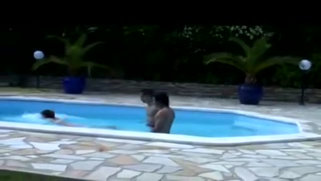 Daddy Spying On His Stepdaughter While Fucking With 2 Fuckbuddies By The Pool And Join Them Later