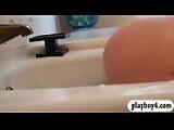 Blond lady convinced to show off her ass in the bathtub