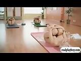 Huge boobs blonde trainer teaches some yoga exercise