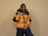 Brittany Lynn tries on puffy jackets and pants